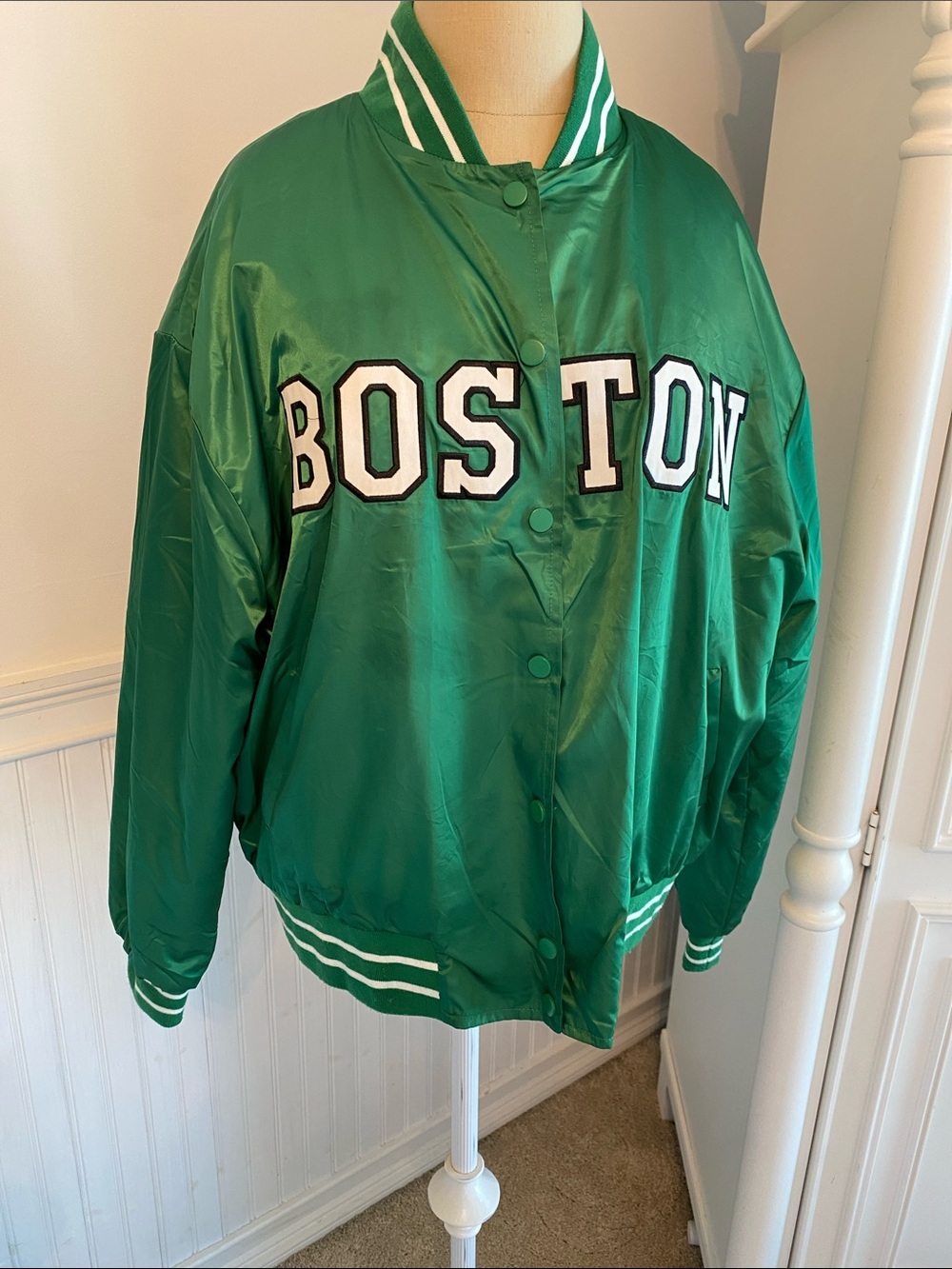 Edikted Green Bomber Jacket with Boston Appliqué